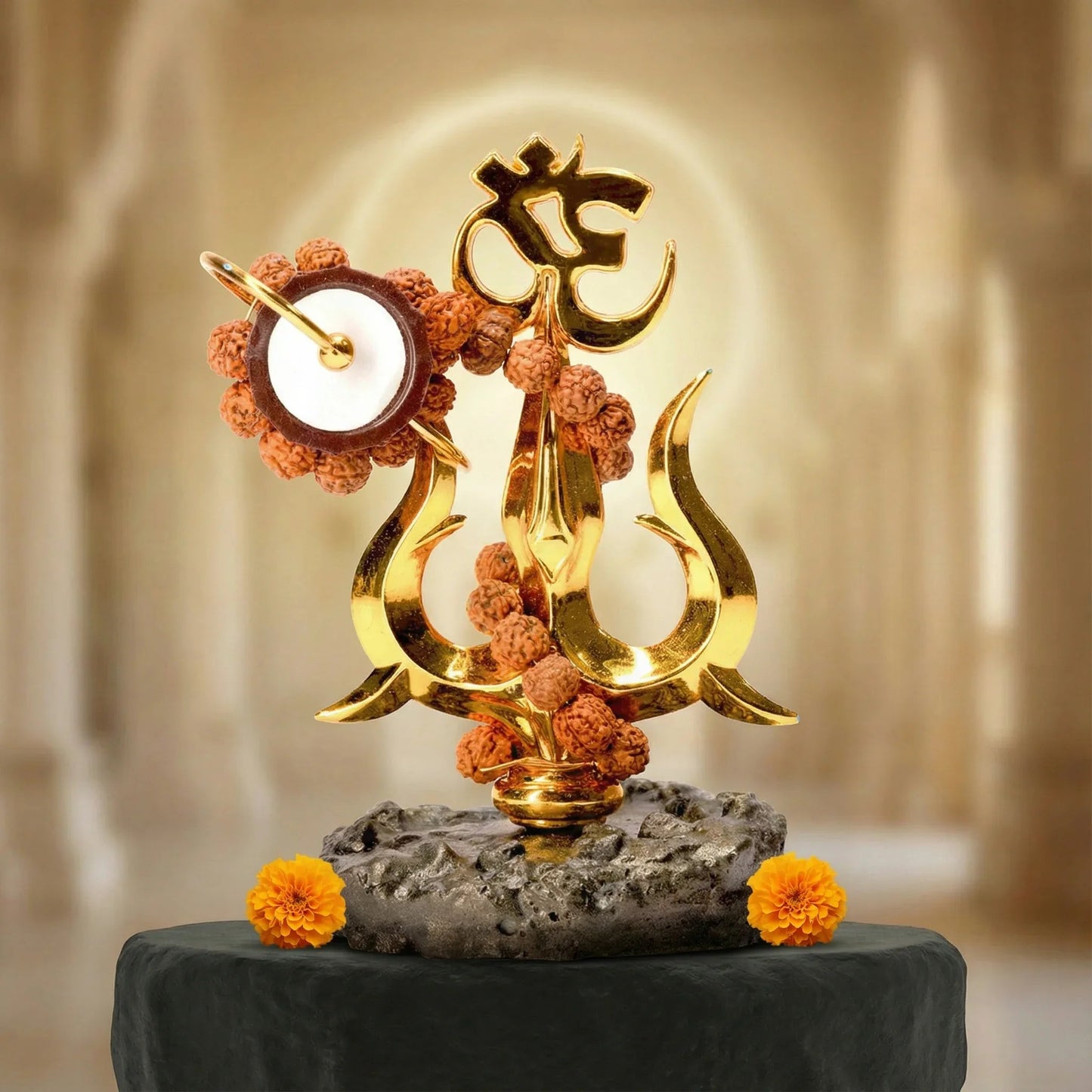 Gold Trishul Om Idol with Rudraksh & Damru - Prabhuratan