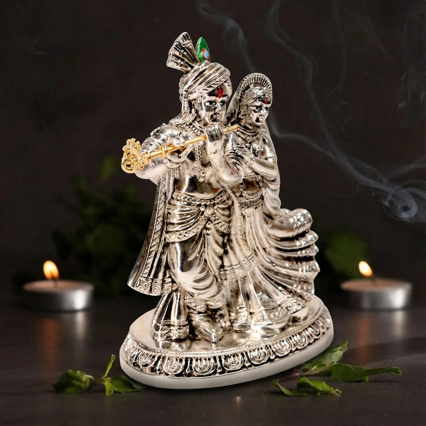Silver Radha Krishna Statue for Home Decor, Metal Alloy Figurine - Prabhuratan