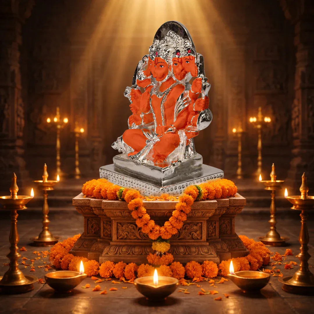 Orange Panchmukhi Hanuman Statue for Home Decor - Metal Alloy Lord Hanuman Figurine - Prabhuratan