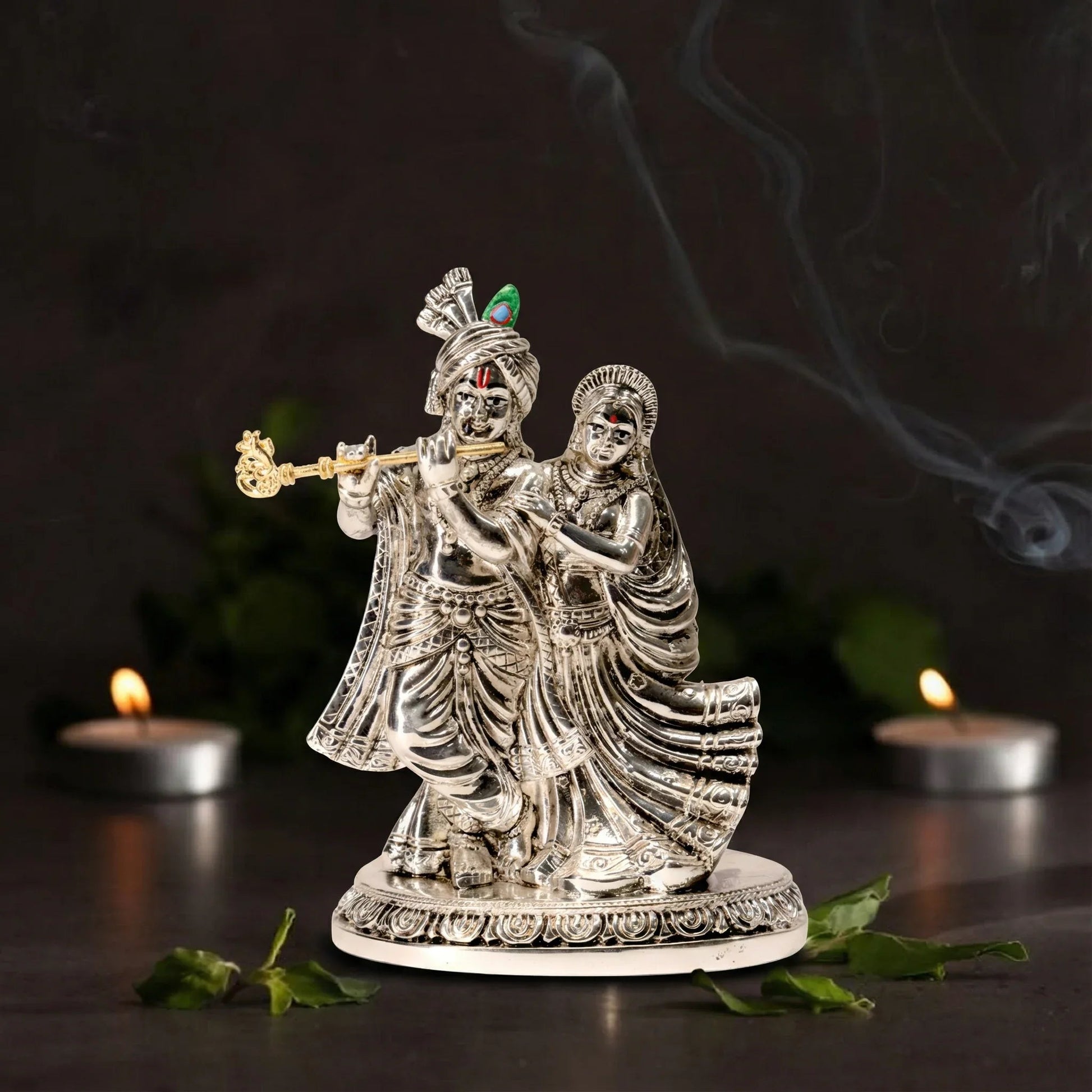Silver Radha Krishna Statue for Home Decor, Metal Alloy Figurine - Prabhuratan