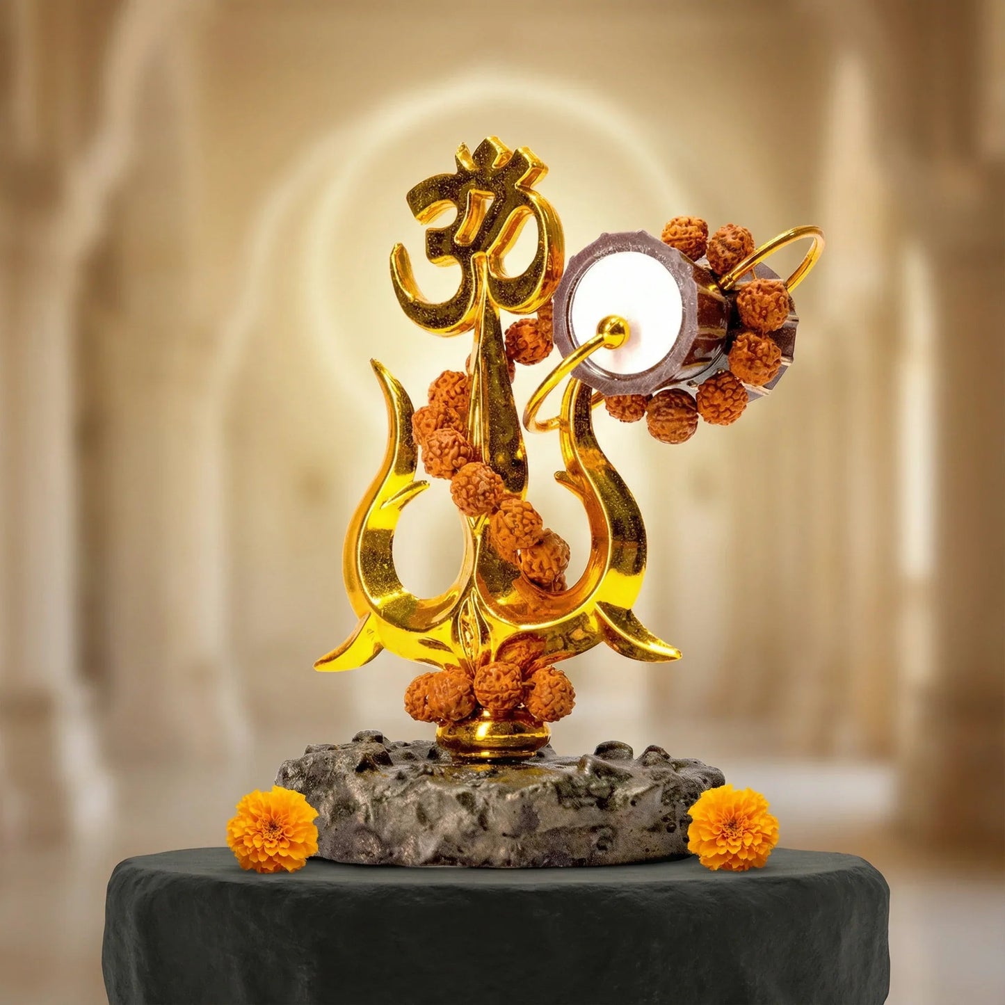 Gold Trishul Om Idol with Rudraksh & Damru - Prabhuratan