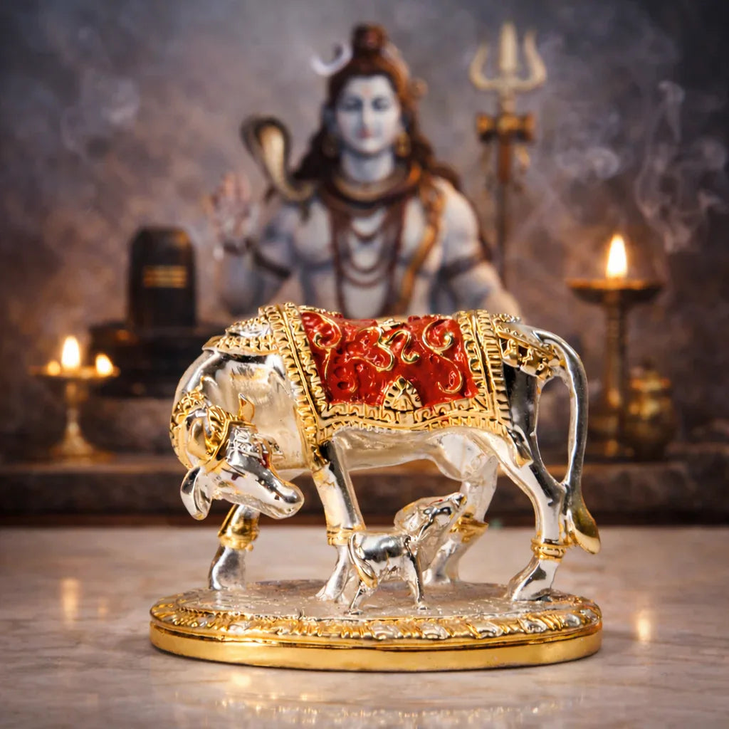 Gold Cow and Calf Statue - Metal Alloy Religious Figurine - Prabhuratan