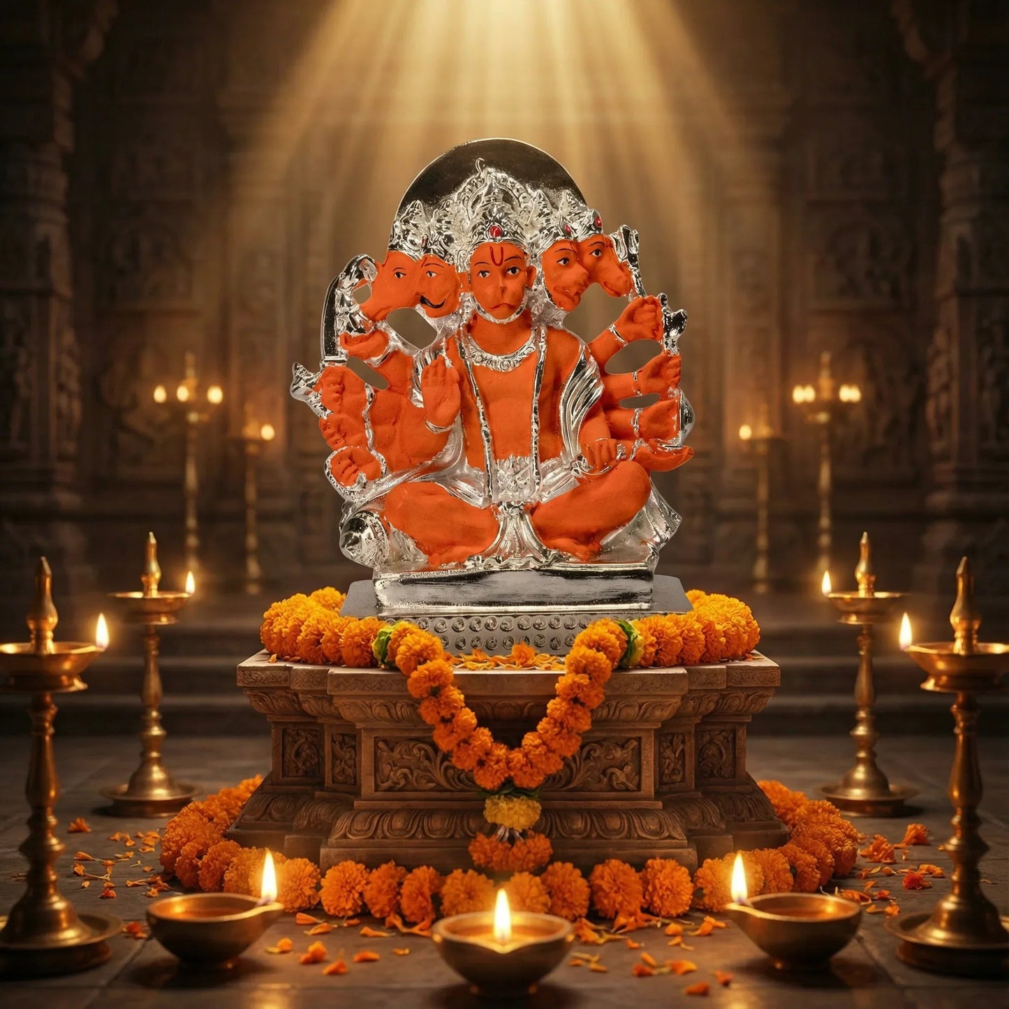 Orange Panchmukhi Hanuman Statue for Home Decor - Metal Alloy Lord Hanuman Figurine - Prabhuratan
