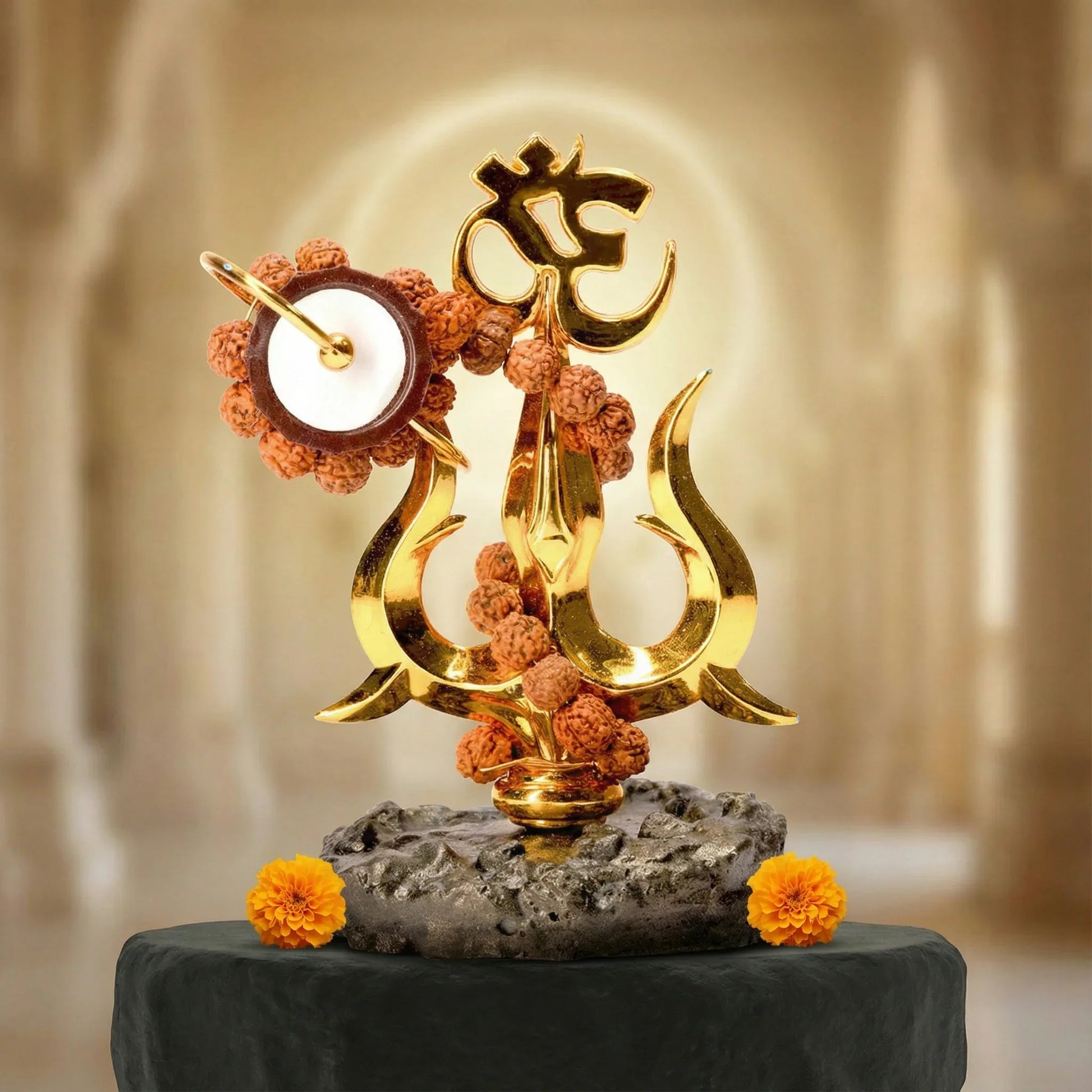 Gold Trishul Om Idol with Rudraksh & Damru - Prabhuratan