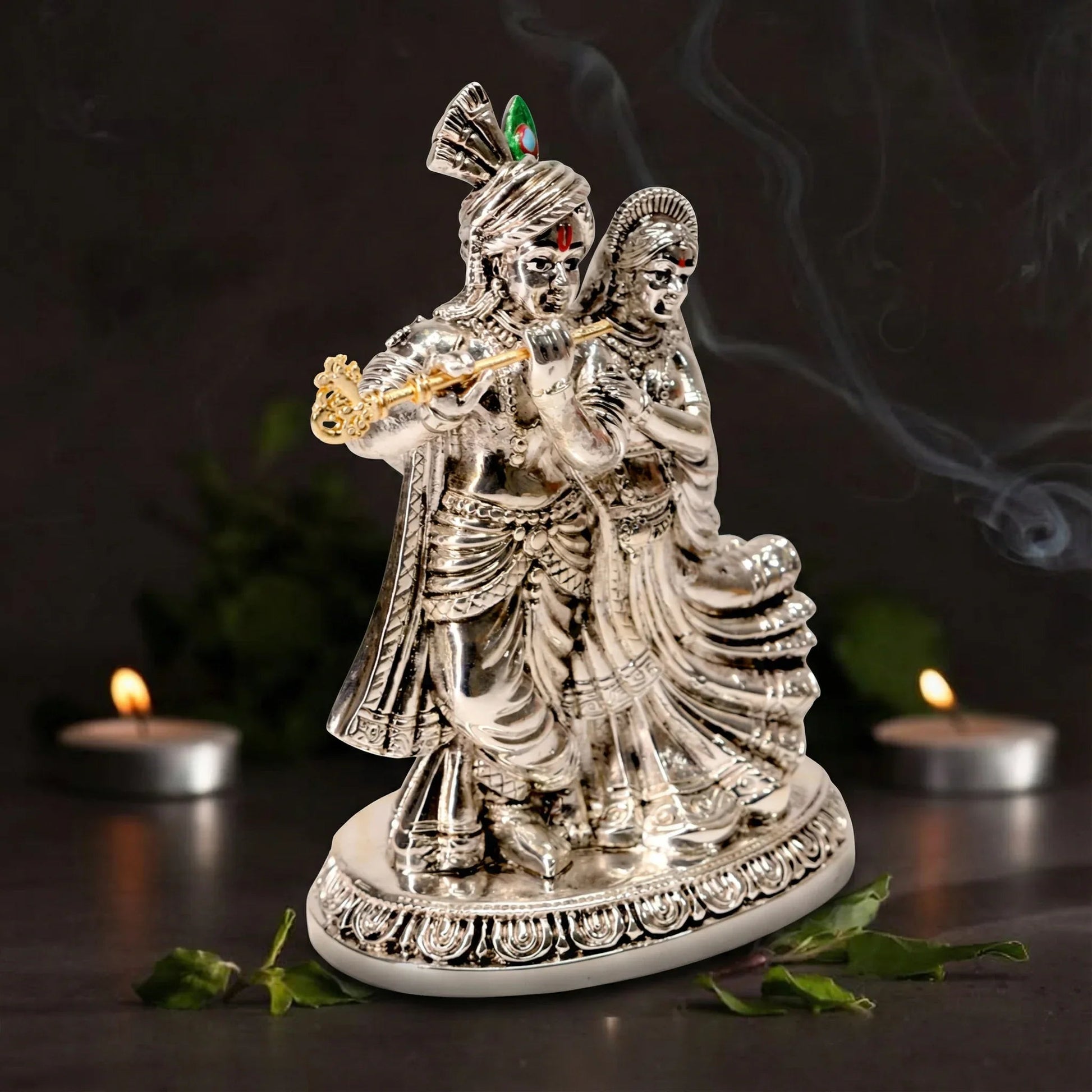 Silver Radha Krishna Statue for Home Decor, Metal Alloy Figurine - Prabhuratan