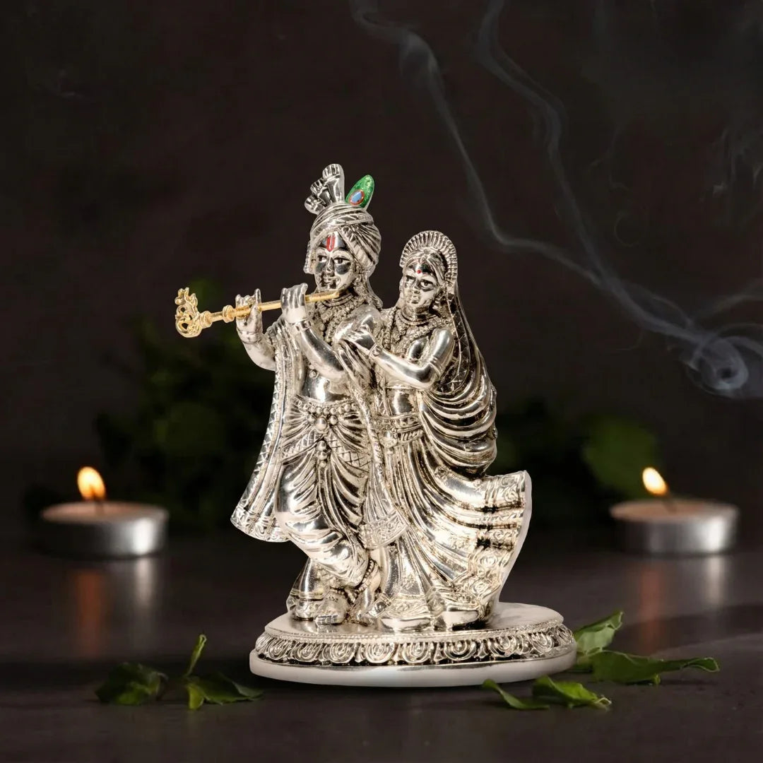 Silver Radha Krishna Statue for Home Decor, Metal Alloy Figurine - Prabhuratan