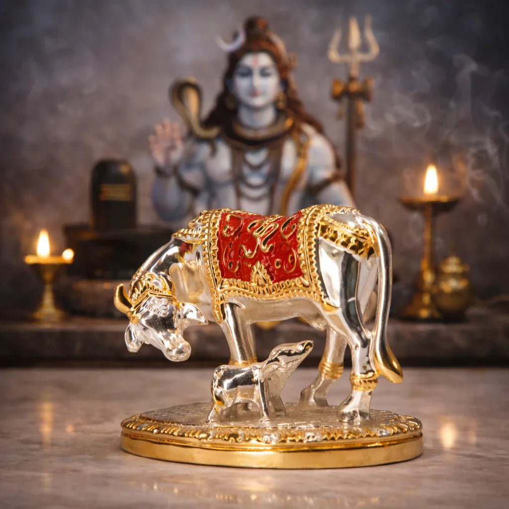 Gold Cow and Calf Statue - Metal Alloy Religious Figurine - Prabhuratan
