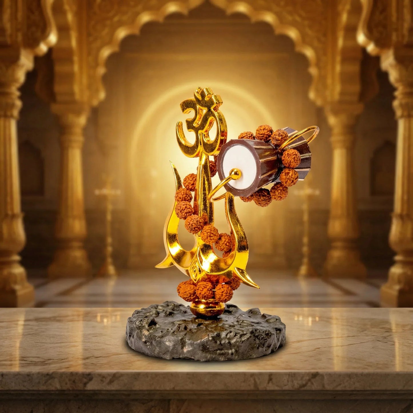 Gold Trishul Om Idol with Rudraksh & Damru - Prabhuratan
