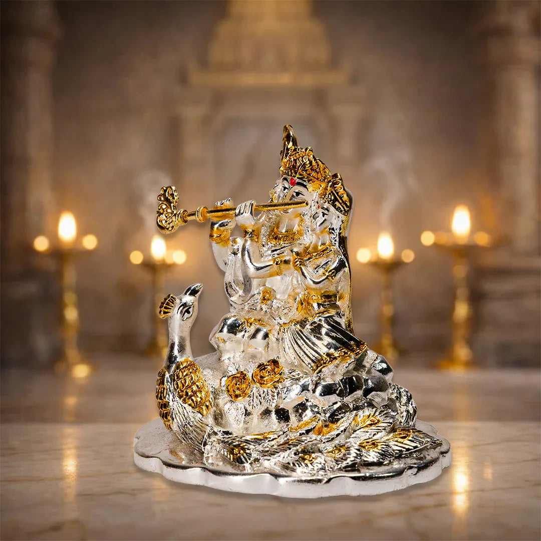 Gold Krishna Statue for Home Decor - Metal Alloy Figurine with White Stone-Style Base - Prabhuratan