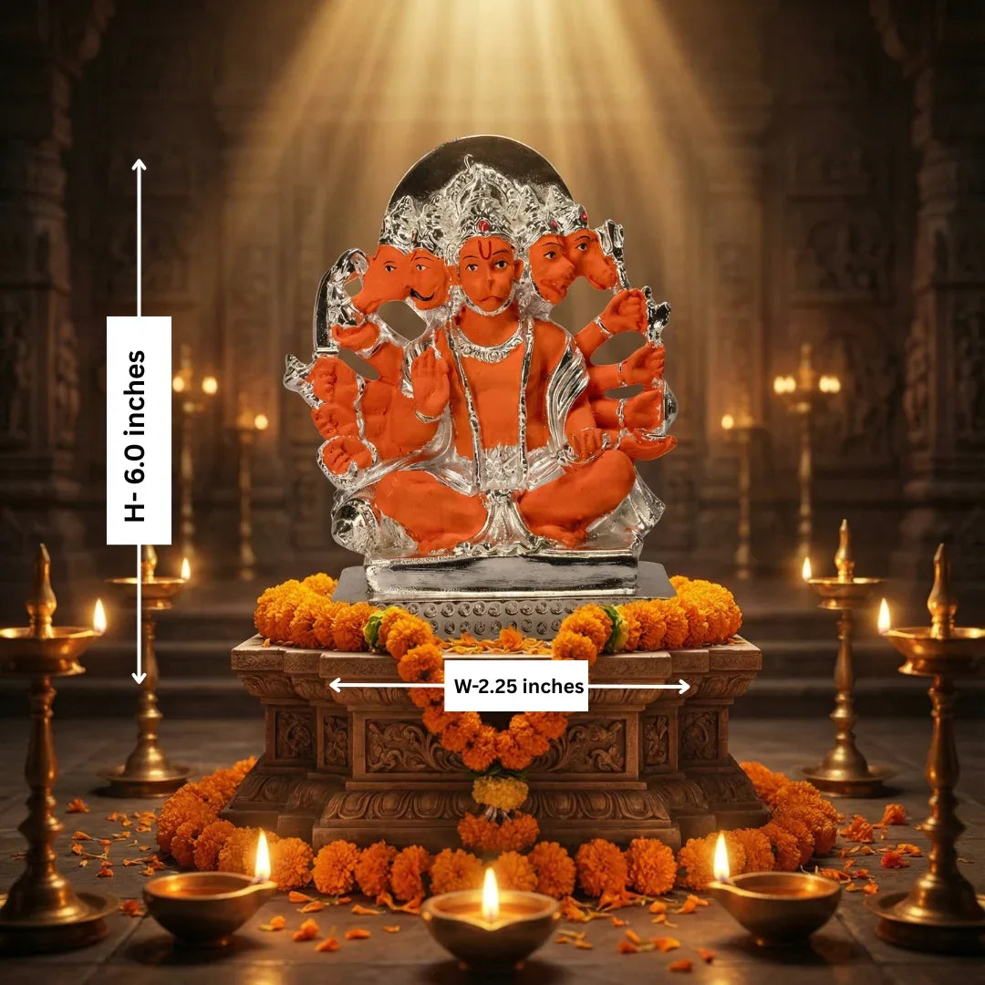 Orange Panchmukhi Hanuman Statue for Home Decor - Metal Alloy Lord Hanuman Figurine - Prabhuratan