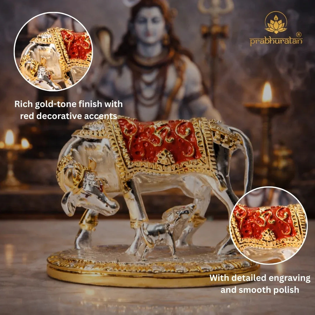 Gold Cow and Calf Statue - Metal Alloy Religious Figurine - Prabhuratan