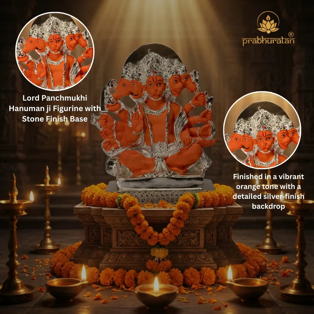 Orange Panchmukhi Hanuman Statue for Home Decor - Metal Alloy Lord Hanuman Figurine - Prabhuratan