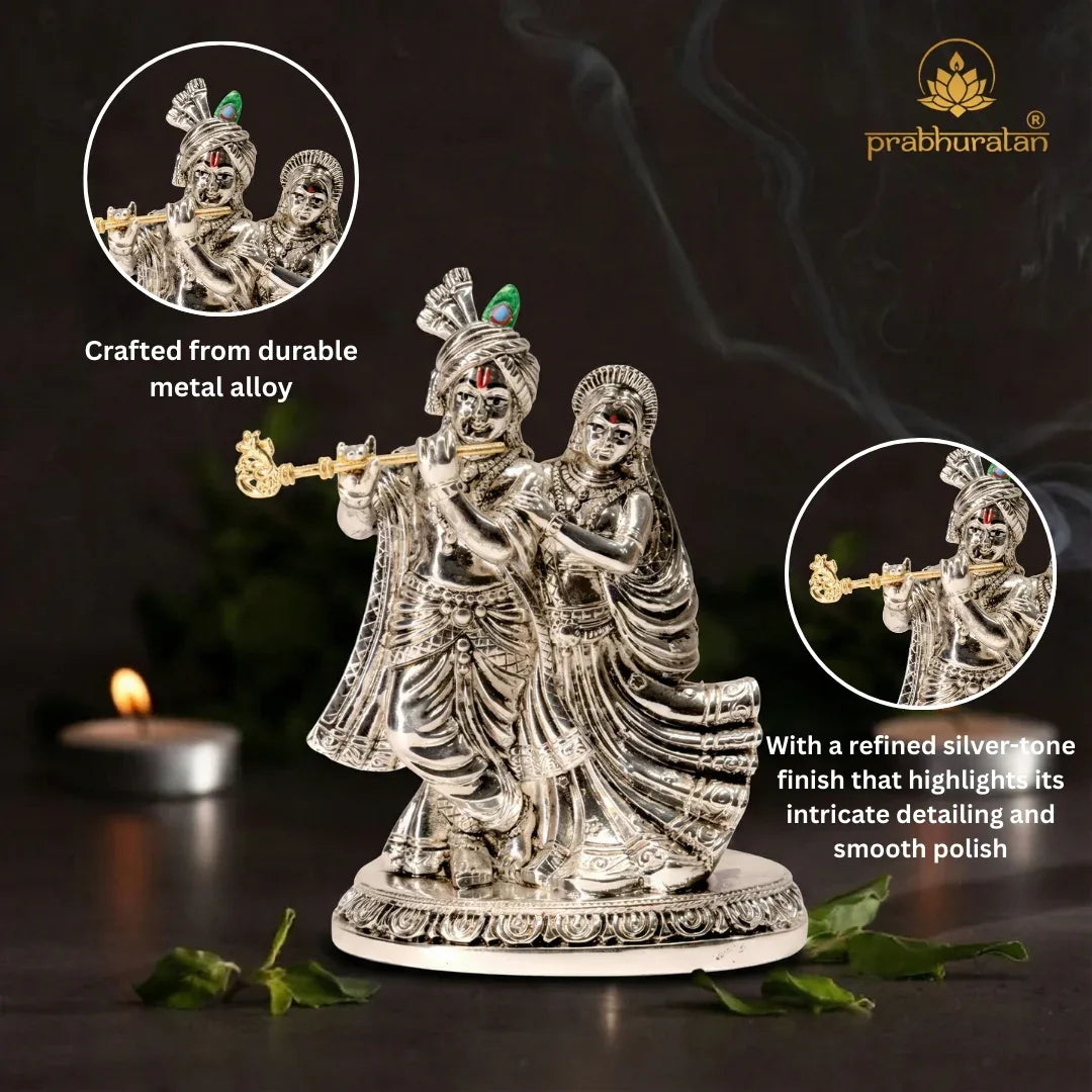 Silver Radha Krishna Statue for Home Decor, Metal Alloy Figurine - Prabhuratan