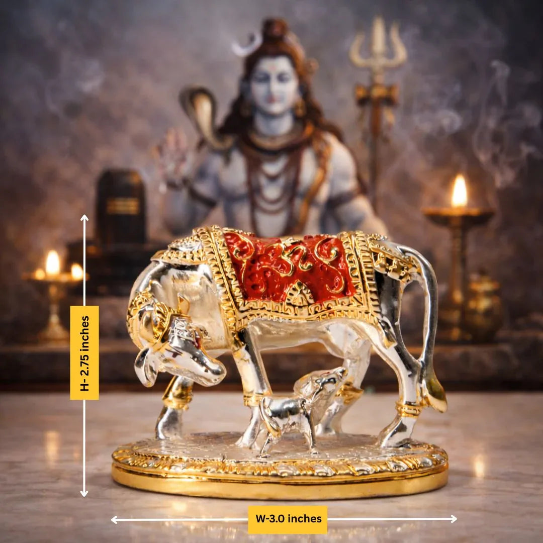 Gold Cow and Calf Statue - Metal Alloy Religious Figurine - Prabhuratan