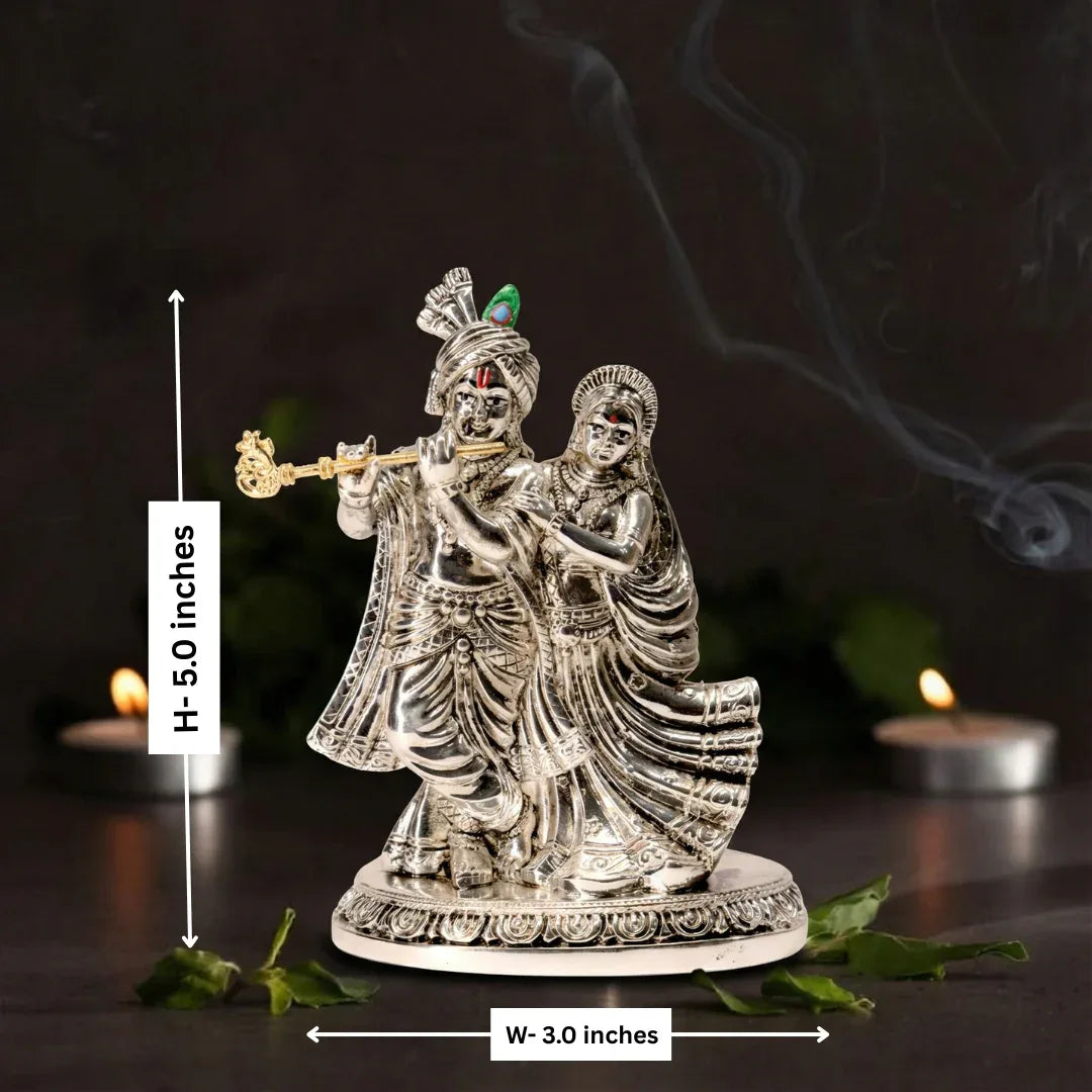 Silver Radha Krishna Statue for Home Decor, Metal Alloy Figurine - Prabhuratan